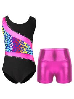 TTAO Gymnastikanzug Kinder Mädchen Ärmellos Turnanzug Trikotanzug Tanz Gymnastik Training Dancewear Gymnastikbody mit Haarband und Shorts Regenbogenherz H 122-128 von TTAO