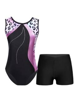 TTAO Gymnastikanzug Kinder Mädchen Ärmellos Turnanzug Trikotanzug Tanz Gymnastik Training Dancewear Gymnastikbody mit Haarband und Shorts Rosa Leopard 122-128 von TTAO