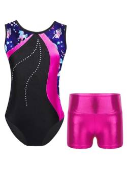 TTAO Gymnastikanzug Kinder Mädchen Ärmellos Turnanzug Trikotanzug Tanz Gymnastik Training Dancewear Gymnastikbody mit Haarband und Shorts Rose F 110-116 von TTAO