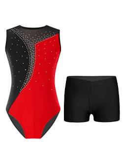 TTAO Gymnastikanzug Kinder Mädchen Ärmellos Turnanzug Trikotanzug Tanz Gymnastik Training Dancewear Gymnastikbody mit Haarband und Shorts Rot schwarz C 110-116 von TTAO