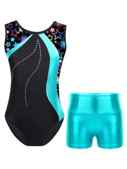 TTAO Gymnastikanzug Kinder Mädchen Ärmellos Turnanzug Trikotanzug Tanz Gymnastik Training Dancewear Gymnastikbody mit Haarband und Shorts See Grün F 134-140 von TTAO