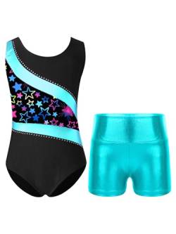 TTAO Gymnastikanzug Kinder Mädchen Ärmellos Turnanzug Trikotanzug Tanz Gymnastik Training Dancewear Gymnastikbody mit Haarband und Shorts Stern Schwarz H 134-140 von TTAO