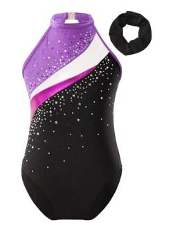 TTAO Gymnastikanzug Kinder Mädchen Ärmellos Turnanzug Trikotanzug Tanz Gymnastik Training Dancewear Gymnastikbody mit Haarband und Shorts Violett A 122-128 von TTAO