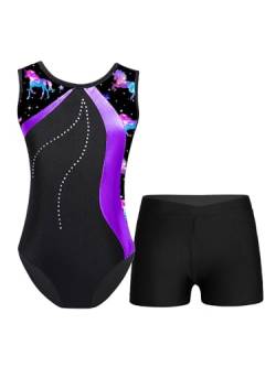 TTAO Gymnastikanzug Kinder Mädchen Ärmellos Turnanzug Trikotanzug Tanz Gymnastik Training Dancewear Gymnastikbody mit Haarband und Shorts Violett E 122-128 von TTAO