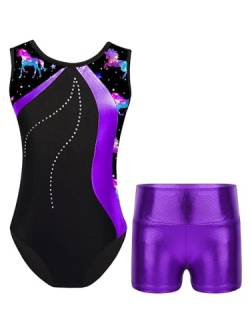 TTAO Gymnastikanzug Kinder Mädchen Ärmellos Turnanzug Trikotanzug Tanz Gymnastik Training Dancewear Gymnastikbody mit Haarband und Shorts Violett F 110-116 von TTAO