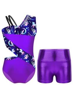 TTAO Gymnastikanzug Kinder Mädchen Ärmellos Turnanzug Trikotanzug Tanz Gymnastik Training Dancewear Gymnastikbody mit Haarband und Shorts Violett G 146-152 von TTAO