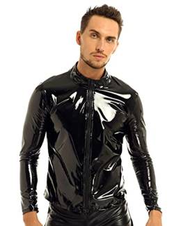 TTAO Herren Lackleder Metallic Shirt Langarm Unterhemd Wetlook Lackleder Top Shirt Männer Freizeit Hemd Muskelshirt Reizwäsche Clubwear Schwarz XXL von TTAO