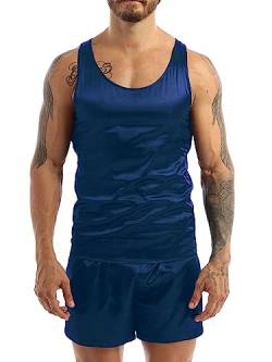 TTAO Herren Satin Unterhemd Set Kurz Sommer Pyjama Schlafanzug Zweiteiler Nachtwäsche Ärmellos Tank Top + Kurz Hose Sleepwear Navy blau XL von TTAO