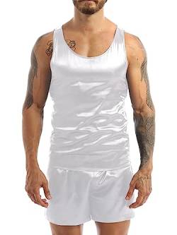 TTAO Herren Satin Unterhemd Set Kurz Sommer Pyjama Schlafanzug Zweiteiler Nachtwäsche Ärmellos Tank Top + Kurz Hose Sleepwear Weiß L von TTAO