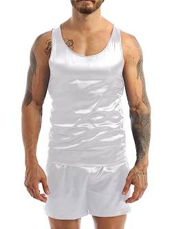 TTAO Herren Satin Unterhemd Set Kurz Sommer Pyjama Schlafanzug Zweiteiler Nachtwäsche Ärmellos Tank Top + Kurz Hose Sleepwear Weiß XL von TTAO