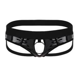 TTAO Herren Strings Wetlook Sexy Jockstrap mit Loch Metall-Penisring Männer Lack Leder Unterhose Bikini Slip Thong Tanga Briefs Erotik Unterwäsche Schwarz L von TTAO