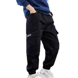 TTAO Jungen Cargo Hose mit Taschen Beinabschluss Sporthose Loose Fit Jogger Jogginghose Freizeithose Hip Hop Tanz Baggy Pants Schwarz F 140-146 von TTAO