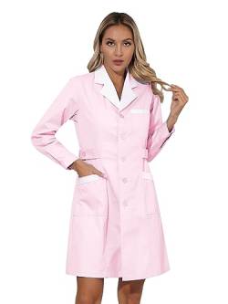 TTAO Laborkittel Baumwolle Damen Mantel Berufsmantel Arbeitsmantel Langarm/Kurzarm Lab Coat mit Tasche für Damen Krankenschwester Wissenschaftslabor Rosa M von TTAO