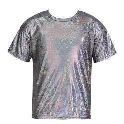 TTAO Mädchen Jungen Metallic T-Shirt Kurzarm Rundhals Tee Sommer Glänzend Tops Party Disco Tanz Oberteil Schwarz 122-128 von TTAO