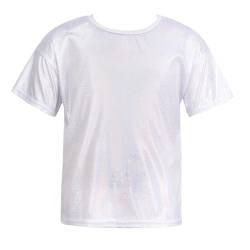 TTAO Mädchen Jungen Metallic T-Shirt Kurzarm Rundhals Tee Sommer Glänzend Tops Party Disco Tanz Oberteil Silber 122-128 von TTAO