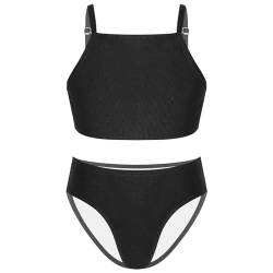 TTAO Mädchen Kinder Bikini Set Bdemode Zweiteiler Einfarbig Badeanzug Neckholder Tank Top+Rüschen Badeshorts Sommer Gr. 110-176 A Schwarz 122-128 von TTAO