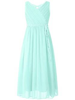 TTAO Mädchen Kleider Festlich Blumenmädchenkleider Abendkleid Prinzessin Chiffonkleid Ärmellos Perlen Partykleid Ballkleid Geburtstag Hochzeit Kommunionkleid Mint Green 146-152 von TTAO