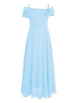 TTAO Mädchen Kleider Festlich Sommer langes Abendkleider Partykleid Schulterfreies Chiffon Festkleid Kommunions Hochzeit Brautjungfern Kleid Hellblau C 134-140 von TTAO