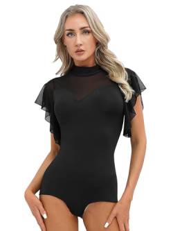 TTAO Tanzanzug für Damen Ballett Body Kurzarm/Langarm Gymnastikanzug Mesh Tanztrikot Tanzbody Balletttrikot Tanzkleidung Schwarz A 3XL von TTAO