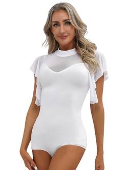 TTAO Tanzanzug für Damen Ballett Body Kurzarm/Langarm Gymnastikanzug Mesh Tanztrikot Tanzbody Balletttrikot Tanzkleidung Weiß A L von TTAO