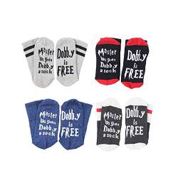 TTD 4 Pairs Unisex Novelty Socks Funny Saying Dobby is Free Knitted Words Crew Socks for Womens Mens von TTD