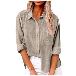 Basic Langarmshirt Damen Bluse Hemd Langarm Einfarbig Hemdbluse mit Knopf Elegant Langarmshirt Lässig Lose Oberteile Tops Winter Streetwear T-Shirt Bluse Tops 2-Khaki L von TTFDJG