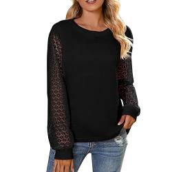 Damen Langarm Top mit Spitzen Ärmel Oberteil Langarmshirt V-Ausschnitt Spitzentops Elegant Bluse Rundhals Strickpullover 1-Schwarz 4XL von TTFDJG