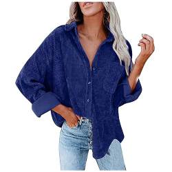 Damen Revers Cord Cardigans Button Down Jacken Lockere Passform Hemden Lässige Flauschige Cord Hemdjacke Für Damen Vintage Blau XL von TTFDJG