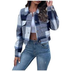 Karierte Jacke Damen Kurz Hemdjacke Elegant Holzfällerjacke mit Karomuster Crop Oberteile Tops Casual Mantel Herbst Winter Kurzmantel Blau L von TTFDJG