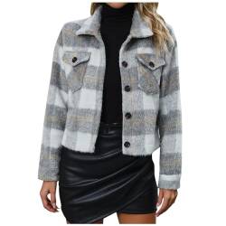 Kariertes mit Taschen Knöpfen Langarm Oversize Bluse Mantel Hemdjacke Holzfällerjacke Damen Mode Boyfreind Hemdbluse Urban Style Freizeithemd 1-Grau L von TTFDJG