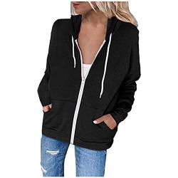 TTFDJG Damen Kapuzenpullover Hoodie Long Sweatjacke Damen Übergangsjacken Damen Frühling Sport Jacke Sweatshirt Jacke Damen Mit Kapuze Kapuzenpullover Herbst Mode Frühlings Jacke Damen Schwarz 3XL von TTFDJG