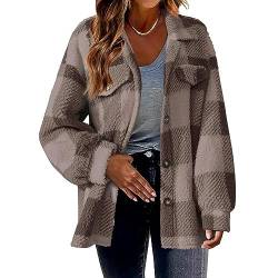 TTFDJG Damen Karrierte Jacke Hemd Mantel Langarm Bluse Flanellhemd Karo Hemdbluse Knöpfen Freizeithemd Hemdjacke Kariertes Blusenshirt Oversize Übergangsjacke Boyfriend Jacken Oberteil Kaffee XXL von TTFDJG