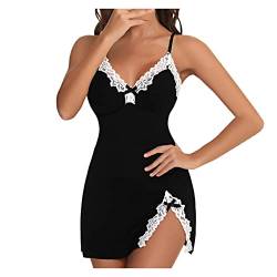 TTFDJG Dessous Damen Sexy Unterwäsche Nachthemd Damen Sommer Nachtwäsche Damen Sexy Pyjama Damen Sexy Sommer Schlafanzug Damen Kurz Sexy Nachtkleid Damen Sexy Satin Lounge Set Damen Schwarz S von TTFDJG