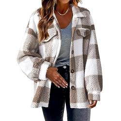 TTFDJG Hemdjacke Damen kariert holzfäller Jacke Karohemd Plaid Shirt Oversized Kariert Herbst Winter Freizeit Karobluse Retro Karo Basic Khaki M von TTFDJG