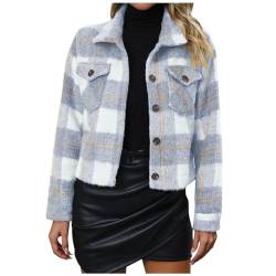 TTFDJG Karierte Druck Wolljacke Damen Übergangsjacke Kurz mit Karomuster Taschen Langarm Hemdjacke Herbst Winter Leichte Crop Oberteile Tops Casual Mantel 1-Hellblau M von TTFDJG