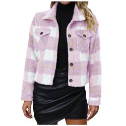 TTFDJG Karierte Druck Wolljacke Damen Übergangsjacke Kurz mit Karomuster Taschen Langarm Hemdjacke Herbst Winter Leichte Crop Oberteile Tops Casual Mantel 1-Hellviolett M von TTFDJG