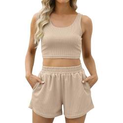 TTFDJG Sommer Zweiteiler Ärmellose Tanktop Einfarbig Frauen 2 Teiliges Set Damen Casual Basic Klamotten Damen Sport Outfit Damen Fitness Set Sommer Bekleidung Damen Hosenanzug Damen Sommer Beige M von TTFDJG