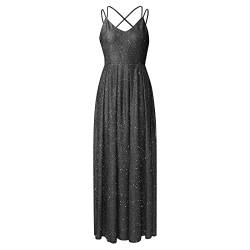 Abendkleid Damen Lang Spaghetti-TräGer Solid Glitzer V Ausschnitt äRmelloses Party Weiter Saum KöRperbetontes Bodenlang Kleid Ballkleider Damen Lang Prinzessin von TTNTTR