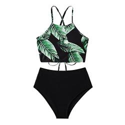 Damen Bikini Damen Bikini Badeanzug O-Ring Selbstbinden Rüschen Mid Waist Zweiteiliger Badeanzug Badeanzüge mit Shorts, grün, 36 von TTNTTR