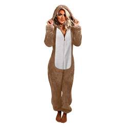 TTNTTR Jumpsuit Damen Winter Warm Kuschelig Onesie Schlafoverall Niedlicher Einteiliger Pyjama Patchwork Teddy Fleece Schlafanzug Einteiler Ganzkörperanzug Flauschig Hausanzug mit Kapuze von TTNTTR