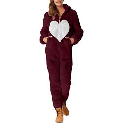 TTNTTR Jumpsuit Damen Winter Warm Kuschelig mit Reißverschluss HerzföRmiges Muster Onesie Schlafoverall Pyjama Patchwork Fleece Schlafanzug Einteiler Ganzkörperanzug Flauschig Hausanzug mit Kapuze von TTNTTR