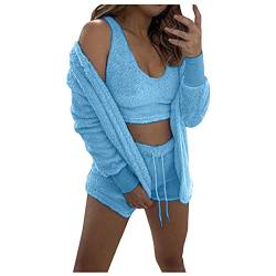 TTNTTR Sport Unterwäsche Frauen DREI Stücke Anzug Weiche Warme Flanell Shorts Pyjama Set Nette Katze Bart Mit Kapuze Nachtwäsche Sommerhose Zweiteiliger Schlafanzug (Light Blue, S) von TTNTTR