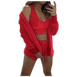 TTNTTR Sport Unterwäsche Frauen DREI Stücke Anzug Weiche Warme Flanell Shorts Pyjama Set Nette Katze Bart Mit Kapuze Nachtwäsche Sommerhose Zweiteiliger Schlafanzug (Red, S) von TTNTTR