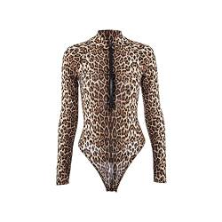 TTPSRY Body Damen Rollkragen Bodysuit Langarm Weich Stretchy Tops Leopard Print Slim Fit Sexy V-Ausschnitt Reißverschluss vorne Leotard Jumpsuit Perfekte Kleidung für Casual Partywear (L) von TTPSRY