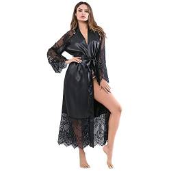 TTPSRY Morgenmantel Bademäntel für Damen Lang Seide Satin Sexy Schwarz Kimono Bademantel für Braut Brautjungfer Frauen mit Gürtel Blumenspitze Lange Nachtwäsche Robe Pajama Party (XL) von TTPSRY