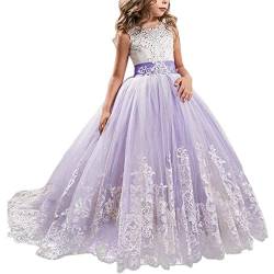 TTYAOVO Mädchen bodenlangen Spitze Prinzessin Kleid Mädchen Party Hochzeit Brautjungfer Kleid Geschichteten geschwollenen Tüll Kleider lila Größe(150) 10-11 Jahre 406 Lila von TTYAOVO