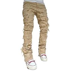 Herren Gestapelte Jeans Slim Fit Ripped Skinny Stretch Jeans Distressed Gerade Denim Hosen Hip Hop Hosen Streetwear (Khaki,L) von TUBBLI