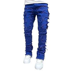 Herren Gestapelte Jeans Slim Fit Ripped Skinny Stretch Jeans Distressed Gerade Denim Hosen Hip Hop Hosen Streetwear (blau,M) von TUBBLI