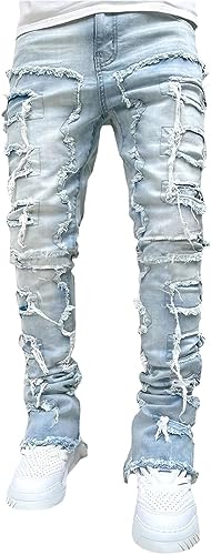 Herren Gestapelte Jeans Slim Fit Ripped Skinny Stretch Jeans Distressed Gerade Denim Hosen Hip Hop Hosen Streetwear (hellblau,M) von TUBBLI