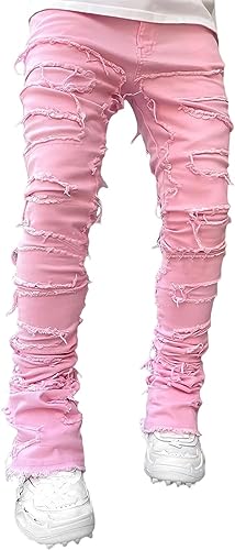 Herren Gestapelte Jeans Slim Fit Ripped Skinny Stretch Jeans Distressed Gerade Denim Hosen Hip Hop Hosen Streetwear (pink,M) von TUBBLI